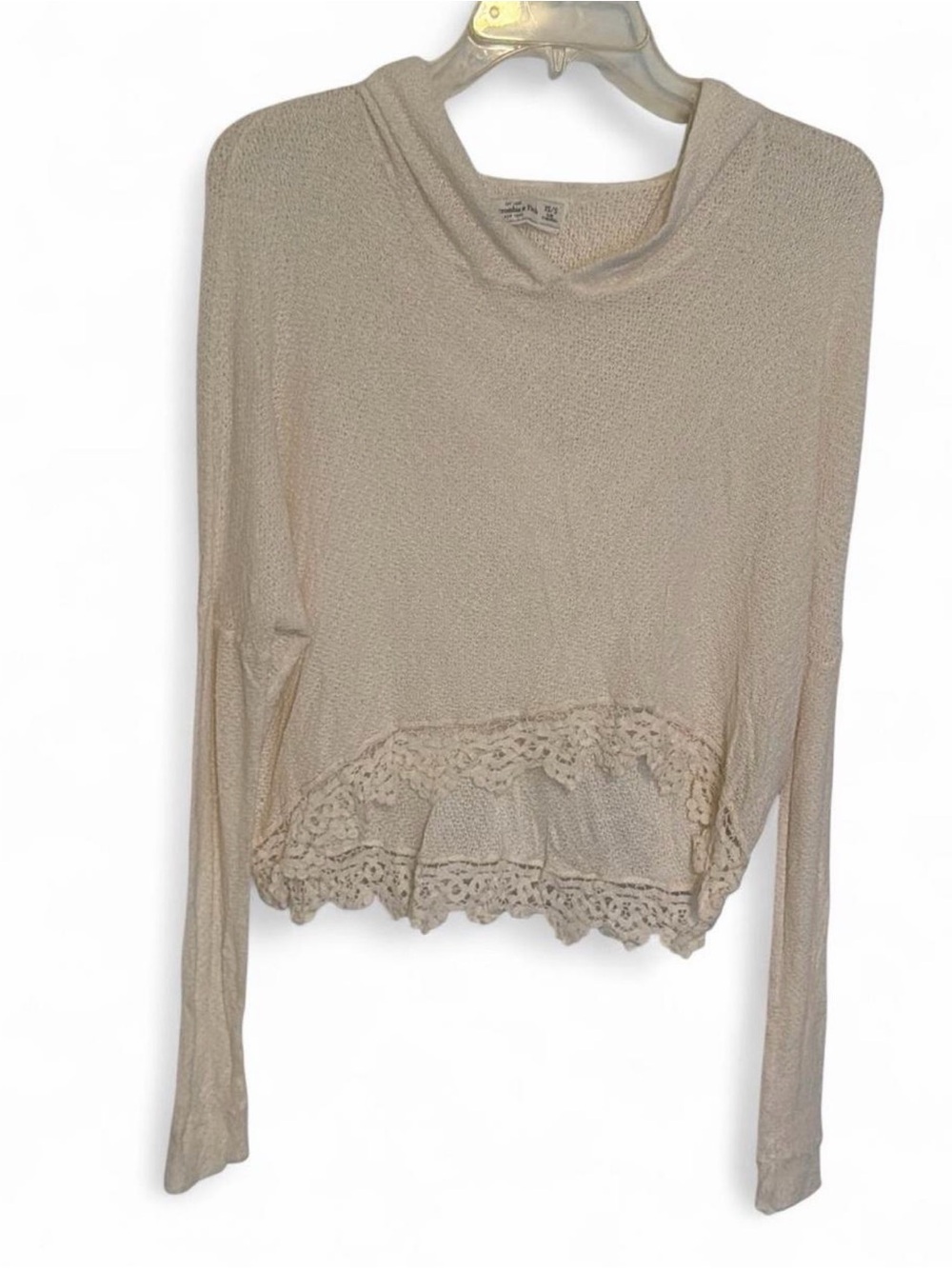 Abercrombie & Finch Light Cream Lace-Hem Long Sleeve Women's Top